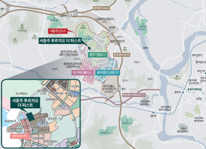 서충주신도시-충주기업도시-충주메가폴리스-충주산업단지-등과-서충주푸르지오더퍼스트-위치와-주변고속도로-산업단지-위치가-표기된-지도