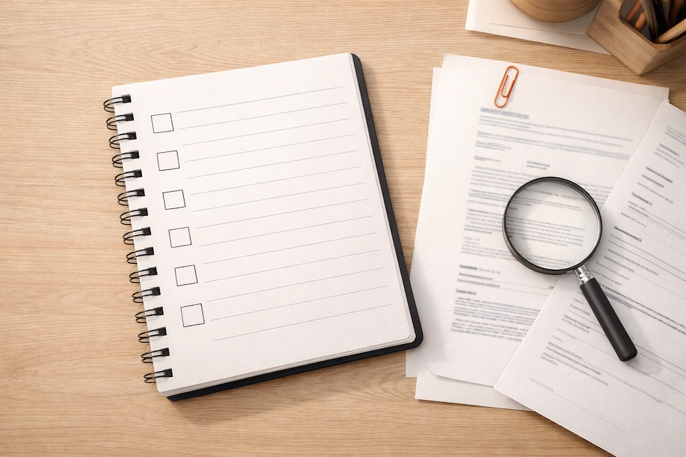 빈 체크박스가 있는 노트와 문서, 돋보기가 놓인 검증 루틴 컨셉의 깔끔한 플랫레이 장면