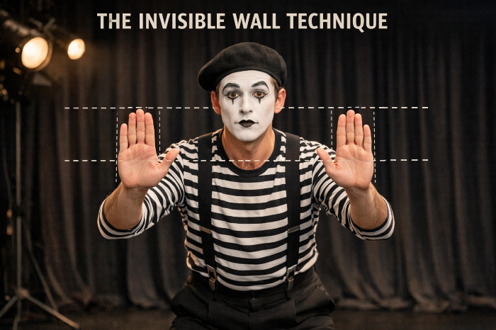 보이지 않는 벽 기법을 정확한 손 위치와 자세로 보여주는 마임 배우