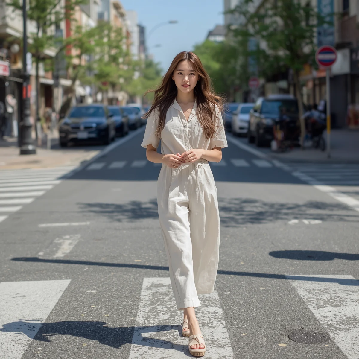 Full body street style photo of a young Korean woman wearing a breezy linen outfit in a sunny Seoul street, natural sunlight, soft neutral tones, candid summer fashion photography, high resolution