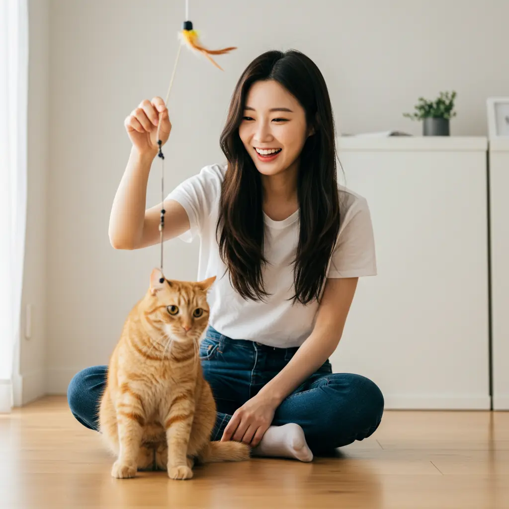 고양이와 놀아주는 집사의 모습