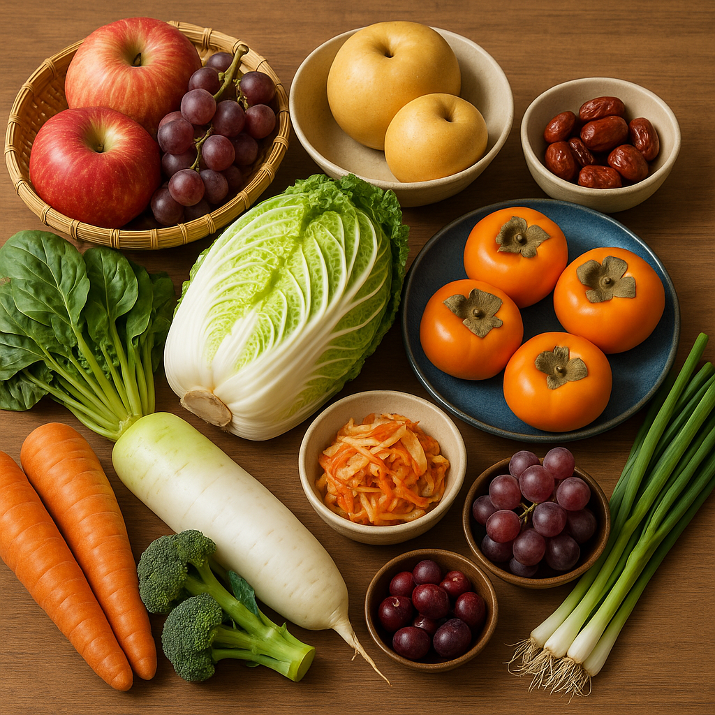 가을 제철 채소와 과일이 나무 테이블 위에 보기 좋게 배열된 모습 — 배추, 감, 사과, 배, 포도, 무, 당근, 브로콜리, 쪽파, 대추, 김치.