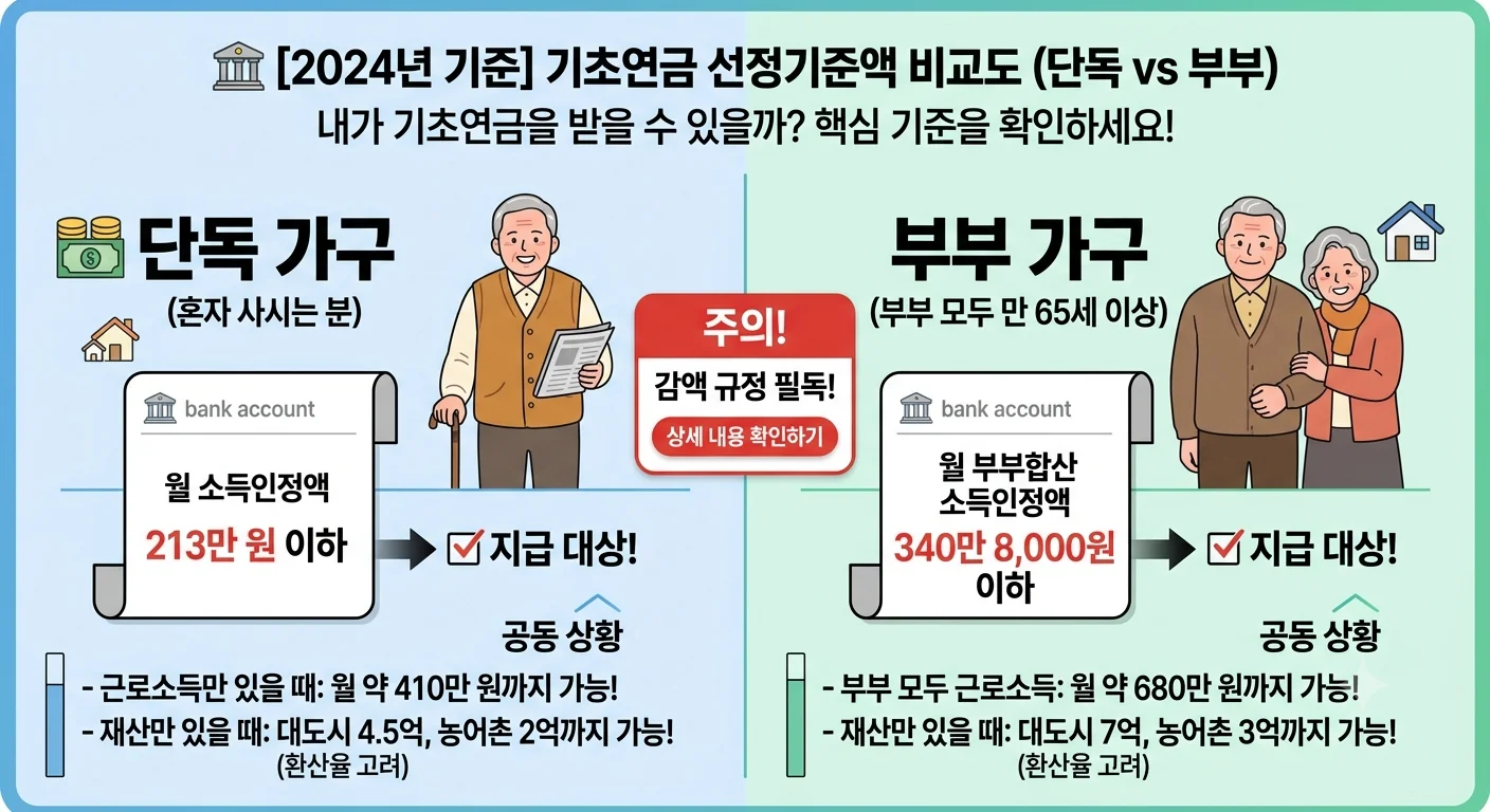 기초연금 단독가구 부부가구 소득인정액 선정기준선 및 지급액 비교표