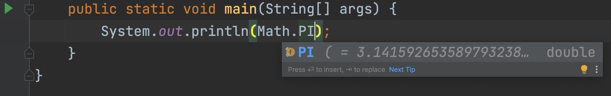 인텔리제이에서 Math.PI를 입력한 모습이다.