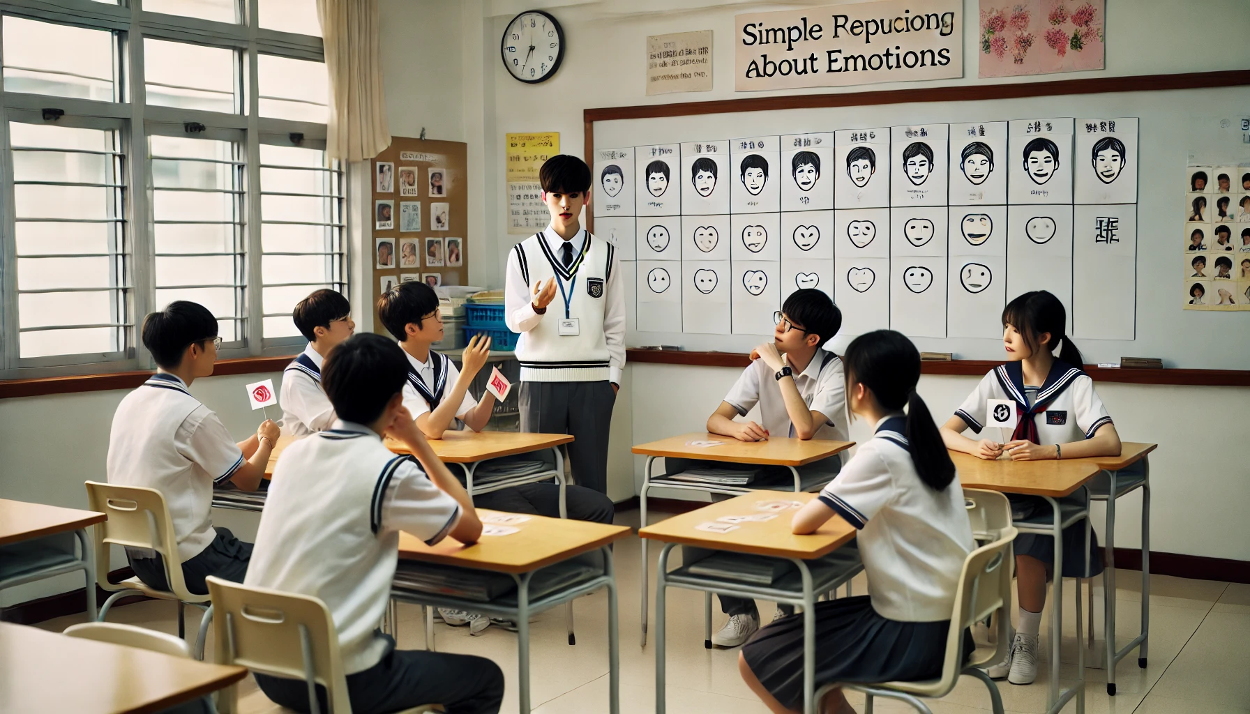 고등학생이 감정카드와 표정 차트를 활용한 간단한 심리 실험을 교실에서 진행 중인 모습