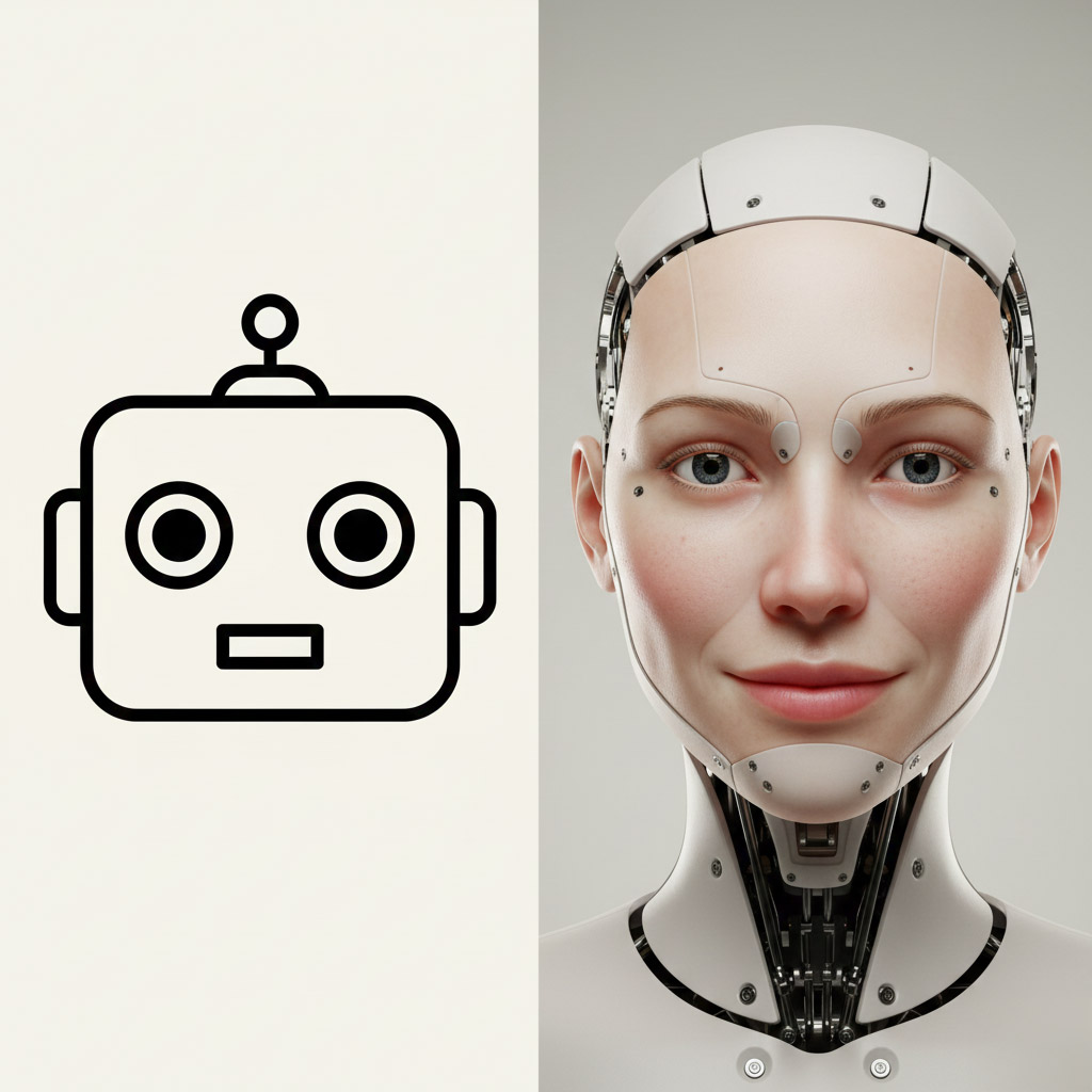 휴머노이드 얼굴의 아이콘/만화풍 로봇 얼굴 vs 현실형 얼굴 비교: 4축 이하 vs 15축 이상, 무엇이 더 “성공 확률”이 높습니까