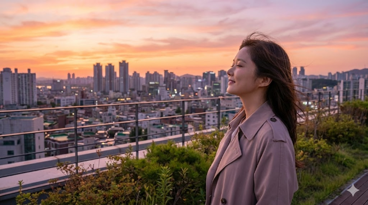 차은경이 편안해진 얼굴로 노을 지는 하늘을 바라보며 미소 짓는 장면