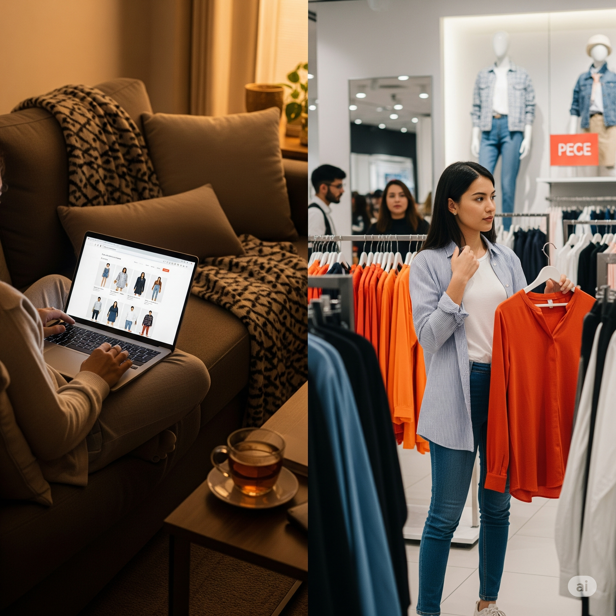 이미지가 반으로 나뉘어 왼쪽은 집에서 노트북으로 옷을 쇼핑하는 사람, 오른쪽은 실제 옷 가게에서 쇼핑하는 사람을 보여주며 온라인과 오프라인 쇼핑을 비교하는 이미지.