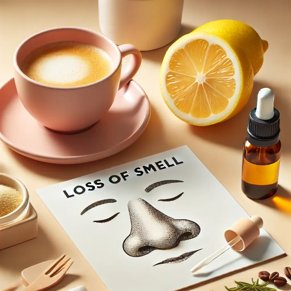 후각 상실을 상징하는 커피, 에센셜오일, 레몬이 놓인 스튜디오 컷