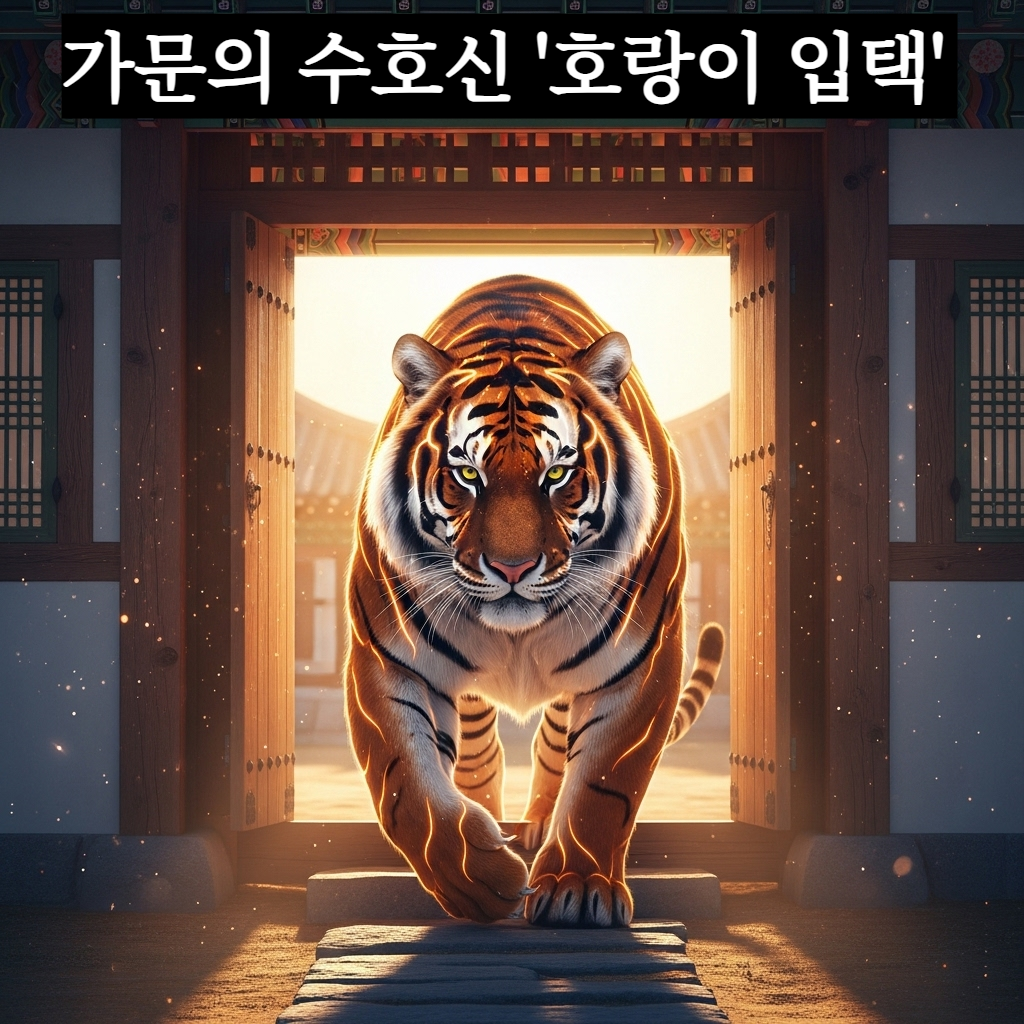 따사로운 햇살이 내리쬐는 한국 전통 가옥의 대문을 당당하게 열고 들어오는 위엄 있는 호랑이의 신비롭고 장엄한 모습