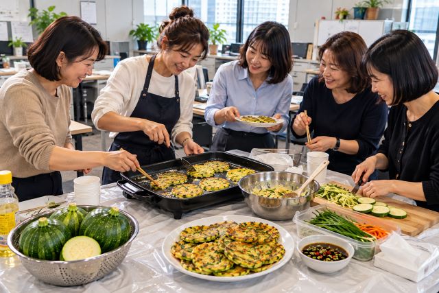 직장 동료들이 사무실에서 풋 호박과 당근, 부추를 준비해 함께 풋 호박전을 부치는 모습