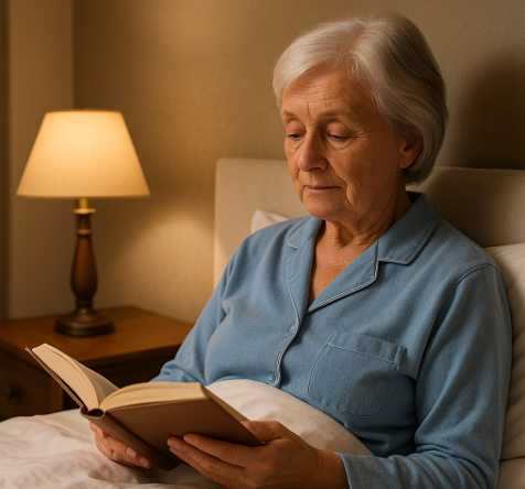 조용한 침실에서 책을 읽으며 잠자리에 드는 시니어 여성