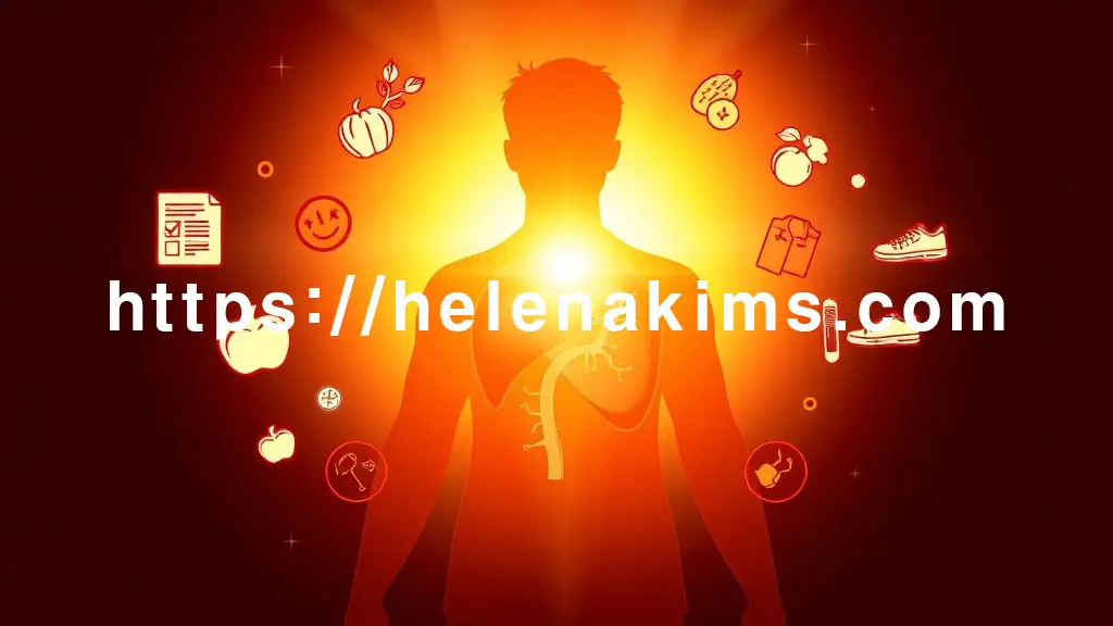 중앙에는 밝고 활력 넘치는 남성의 실루엣, 그 실루엣 안에 은은한 황금빛으로 빛나는 건강한 간의 형상이 비침. 간 주변으로는 정기 검진 보고서, 신선한 과일과 채소, 운동화, 전문가의 상담 모습을 상징하는 아이콘들이 있는 모습.