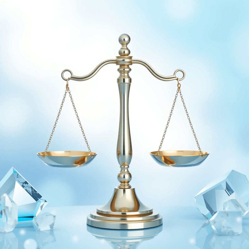 저울 위에 '국민 추천'과 '공정 심사'가 균형을 이루고, 그 주변으로 투명한 유리나 크리스탈 같은 소재를 배치하여 깨끗하고 신뢰할 수 있는 과정을 나타냅니다. 밝고 깨끗한 색감을 사용합니다.