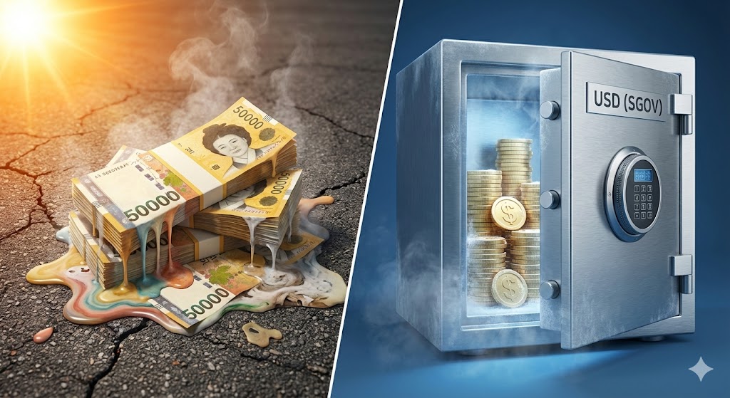 얼음처럼 녹아내리는 원화 지폐와, 튼튼한 금고 안에서 이자가 불어나는 달러(SGOV)의 대비