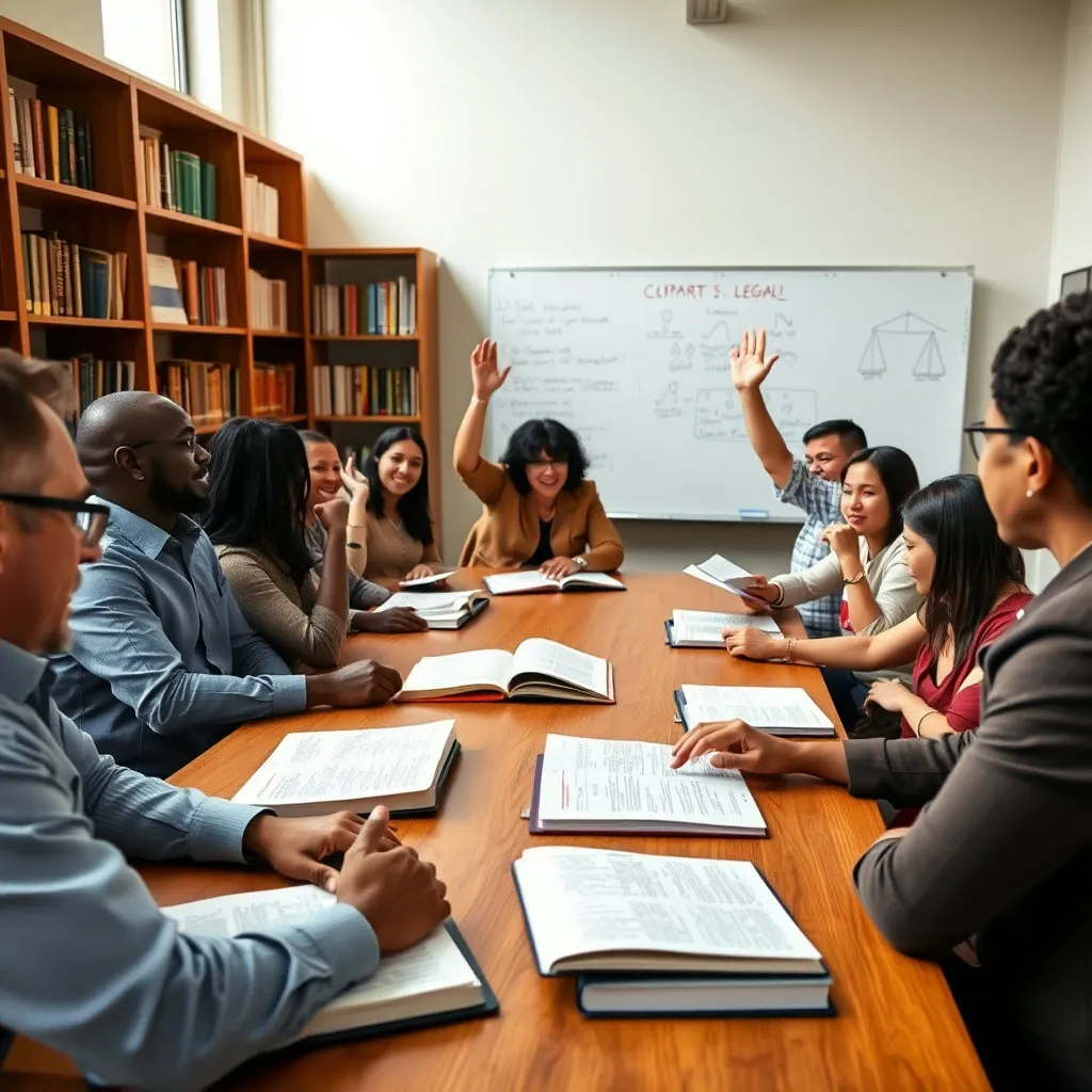 여러 명이 책상에 앉아 법률 서적을 펼쳐 놓고 열띤 토론을 하거나 서로 질문하고 답하는 모습입니다. 활기차고 협력적인 학습 분위기를 강조합니다.