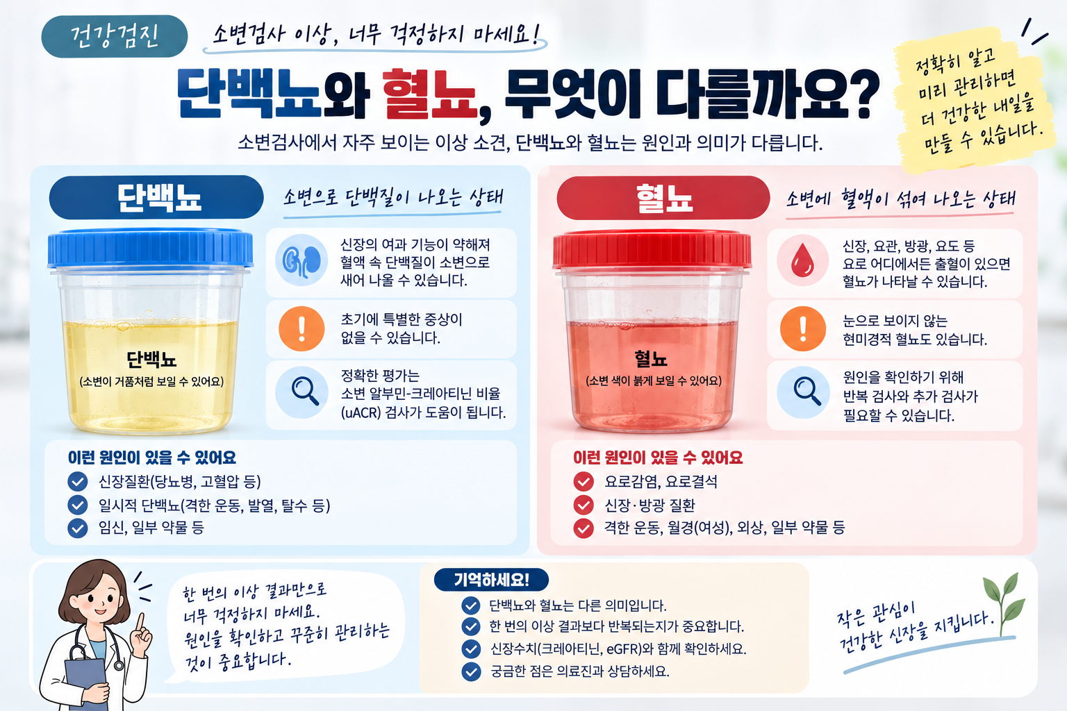소변 단백과 혈뇨의 차이를 설명하는 신장·요로 그림