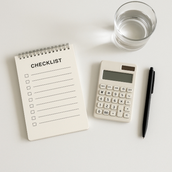 7일 단백질 루틴 점검을 위한 체크리스트와 계산기, 물컵이 놓여 있다.