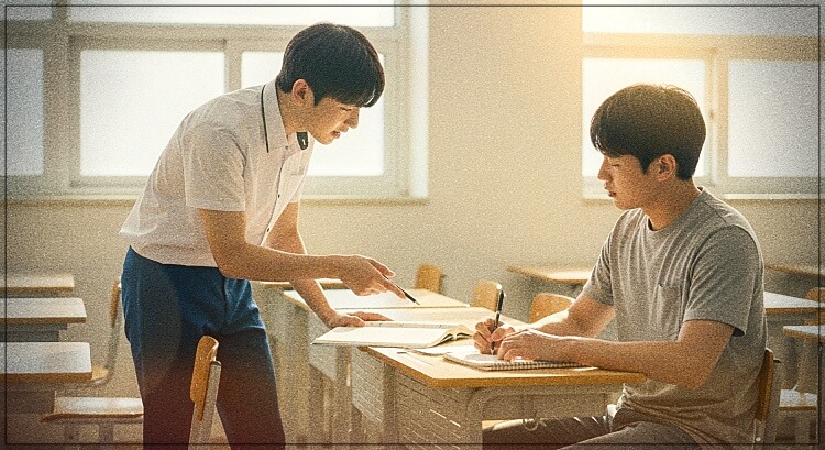 친구에게 수학문제 알려주는 학생