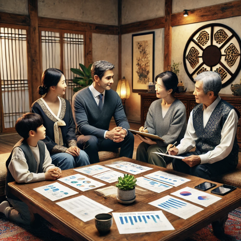 가족이 가업 승계를 논의하며 협력하는 장면