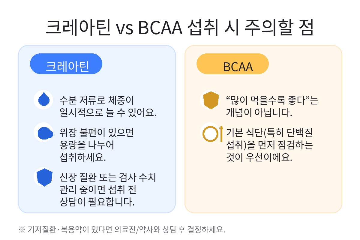 크레아틴 vs BCAA 섭취 시 주의사항 정리 이미지로 크레아틴의 수분 저류와 위장 불편 가능성, BCAA의 과다 섭취 주의와 식단 점검 필요성을 비교 설명