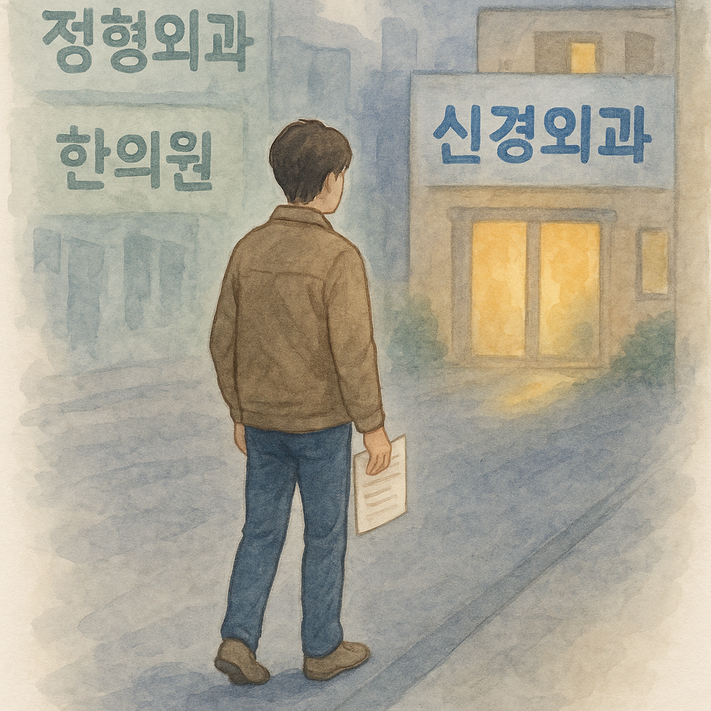파란색 재킷을 입은 남성이 스마트폰 화면을 보며 병원 검색을 하는 장면을 수채화로 표현한 일러스트. 배경에는 정형외과, 한의원, 신경외과 간판이 흐릿하게 보인다.