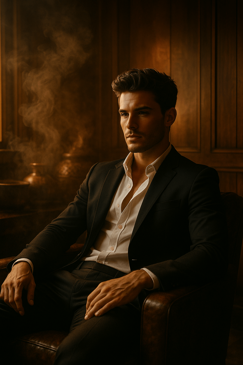어두운 원목 패널로 된 고급 스파룸에서 젊고 섹시한 남성이 블랙 수트를 입고 앉아 있는 모습. 황금빛 햇살이 창을 통해 들어오고, 향기로운 스팀이 공간을 감싸 몽환적이고 따뜻한 분위기를 자아냄
