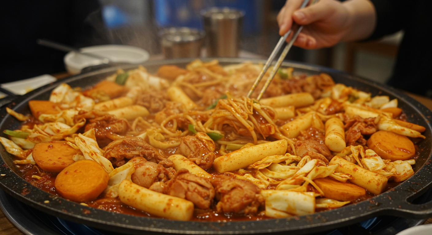 춘천 닭갈비 전문점에서 지글거리는 닭갈비.