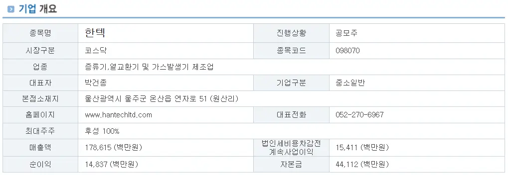 한텍 기업 개요