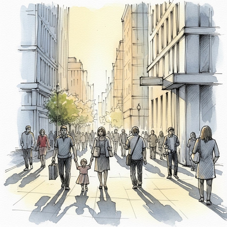 안전하게 길을 걷는 시민들의 평화로운 모습