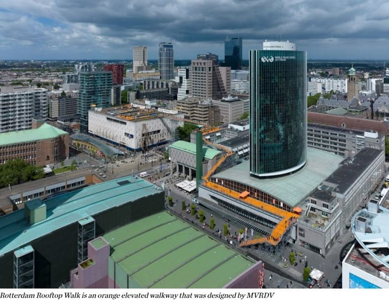 600m 길이 오렌지색 통로 로테르담 옥상 워크 MVRDV creates 600-metre-long orange walkway that bridges Rotterdam roofs