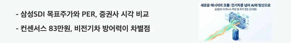 삼성SDI 주가 전망: '삼성SDI 목표주가와 PER, 증권사 시각 비교'라는 문구가 포함된 웹배너 이미지. 이 이미지는 삼성SDI 목표주가 컨센서스와 PER 밸류에이션, 경쟁사 대비 차별점 정보를 시각적으로 전달하며, 블로그의 삼성SDI 목표주가와 관련된 내용을 설명함