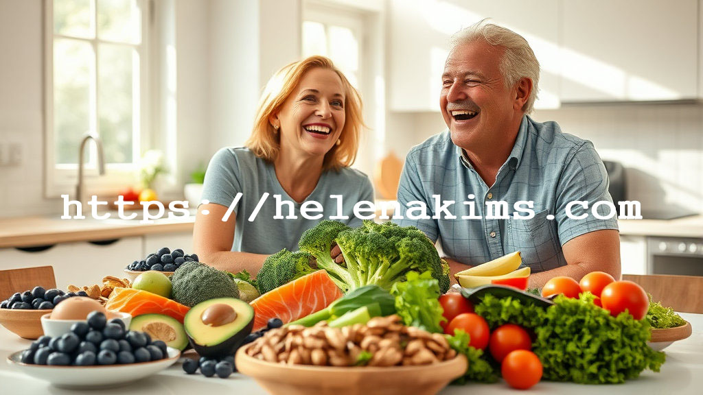 건강한 중년의 부부가 싱싱한 녹황색 채소들 앞에서 행복하게 웃고 있는 모습.