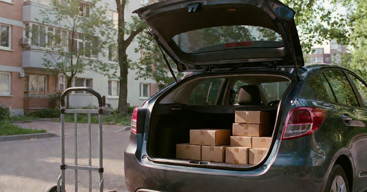 딜리래빗 부업으로 소형차 트렁크에 택배 박스를 정리하고 아파트 단지에서 당일 배송을 준비하는 모습