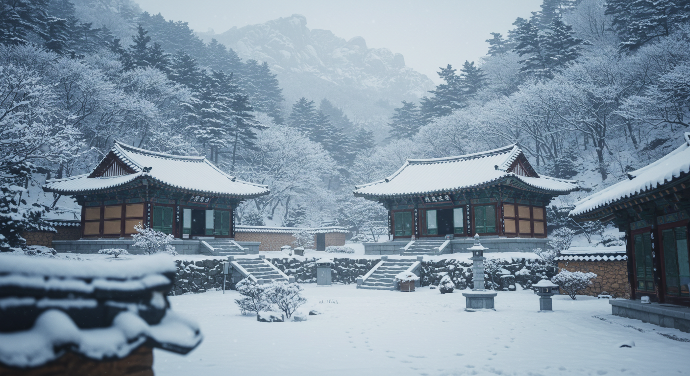 눈 덮인 겨울 설악산에 자리한 인제 백담사의 고요한 설경