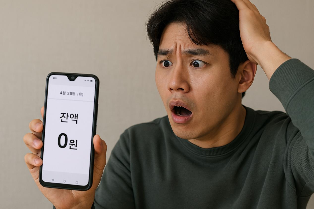 카드값 결제일, 통장 잔액이 0원으로 표시된 화면을 보며 당황하는 청년