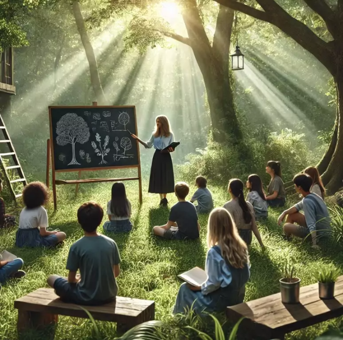 숲 속에서 야외 학습을 하고 있는 학생들. 교사가 나무와 풀 사이에서 학생들에게 자연을 가르치는 모습으로, 학생들은 벤치나 잔디에 앉아 노트를 들고 학습에 참여하고 있다. 근처에는 식물과 생태계를 설명하는 그림이 그려진 칠판이 놓여 있다.