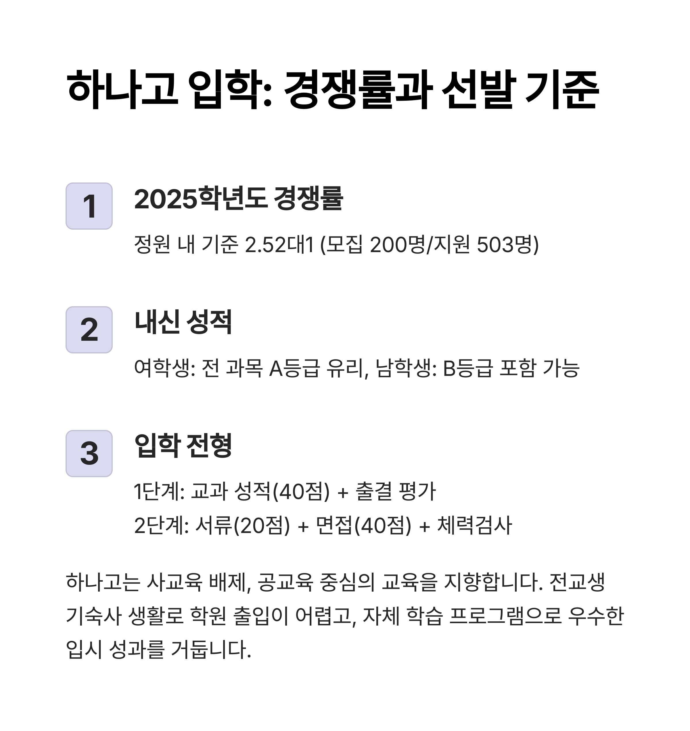 "하나고 입학 경쟁률과 선발 기준 – 2025학년도 경쟁률, 내신 성적, 입학 전형 설명"