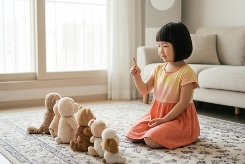 거실 러그 위에서 딸이 인형들 앞에 앉아 선생님처럼 손가락을 흔드는 모습