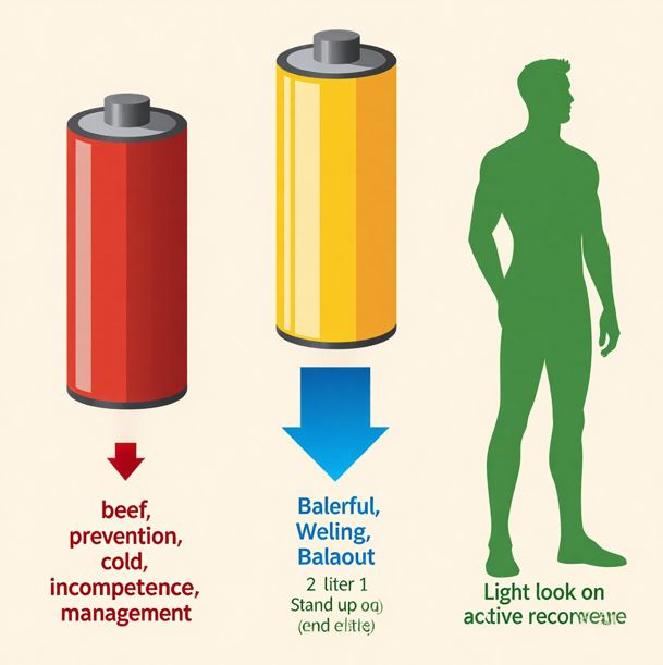 번아웃을 표현하기 위한, 배터리 방전에서 충전까지의 과정을 보여주는 인포그래픽