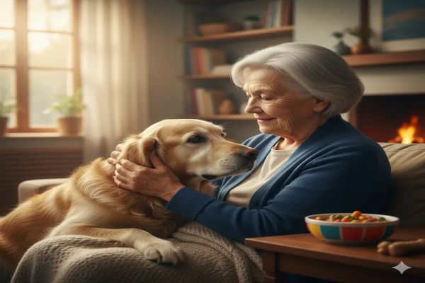 아늑한 거실 소파에 앉아 나이 든 골든 리트리버를 다정하게 쓰다듬고 있는 백발의 여성. 따뜻한 햇살이 비추는 창가와 벽난로가 평화로운 분위기를 더한다.