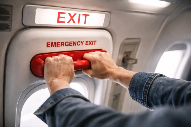 항공기 객실 내부에서 승객의 두 손이 붉은색 비상구 손잡이를 단단히 잡고 있으며, 위쪽의 EXIT 표지와 함께 비상구 문의 구조를 가까이서 보여주는 모습