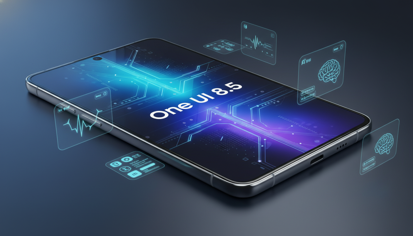 One UI 8.5 업데이트가 적용된 미래지향적인 갤럭시 스마트폰의 홀로그램 UI 연출 이미지