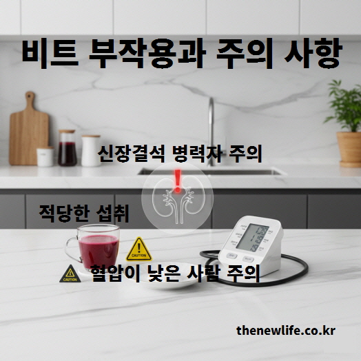 비트의 부작용과 주의 사항을 설명한 이미지로, 신장결석과 저혈압 주의를 강조한 장면