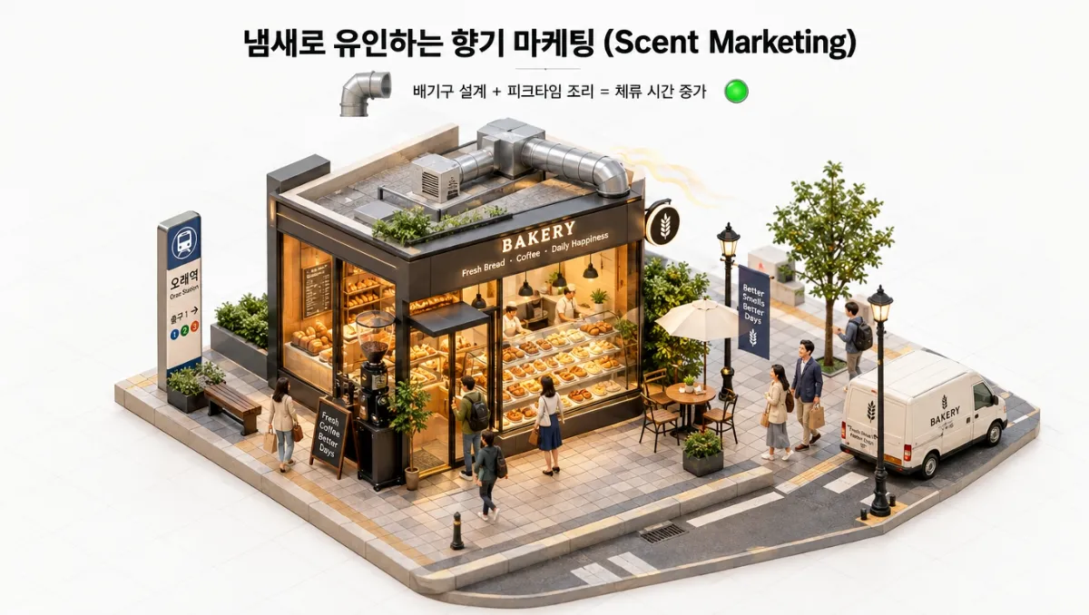 거리의 보행자들을 향해 갓 구운 빵 냄새를 은은하게 유도하는 베이커리 공간 설계를 담은 미니어처 디오라마