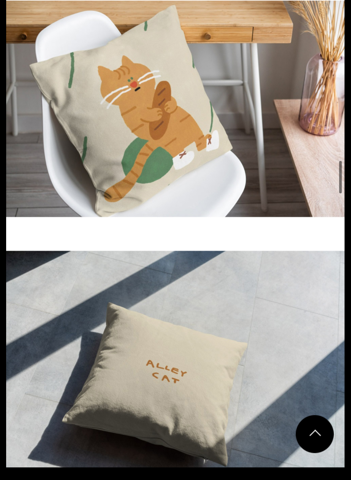 빵을 들고 있는 고양이가 그려진 쿠션의 앞면 뒷면 사진