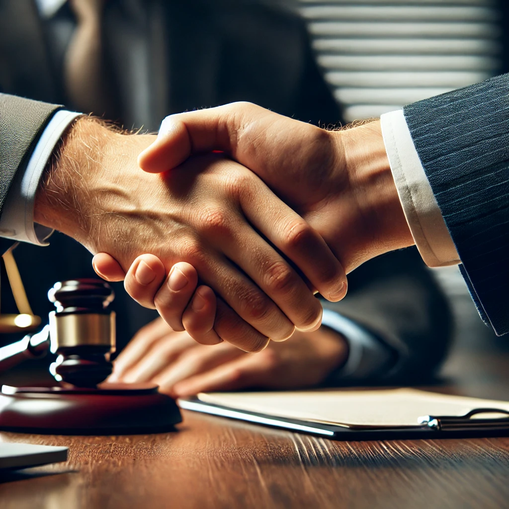 률 서비스에서 합의와 신뢰를 나타내는 전문적인 악수의 클로즈업