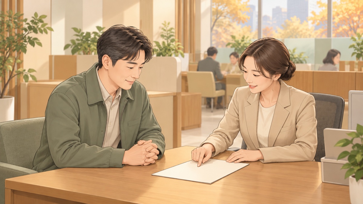 은행 상담 창구에서 직원과 대출 조건을 상담하는 30대 남성의 모습