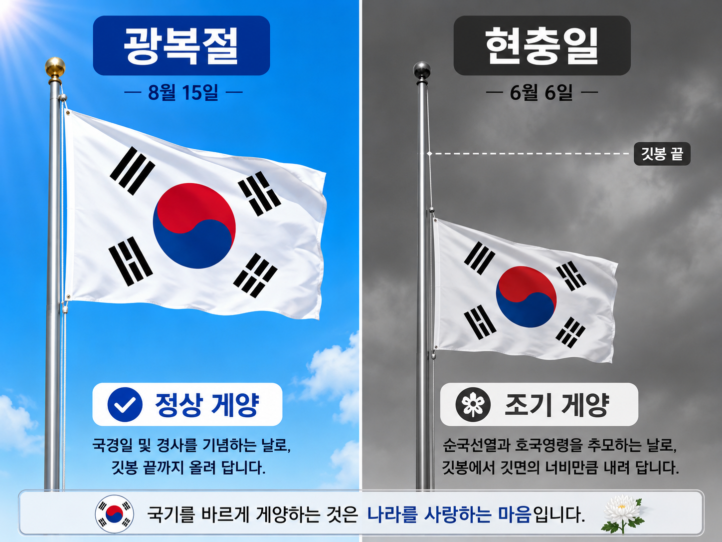 광복절 정상 게양과 현충일 조기 게양 방법 비교