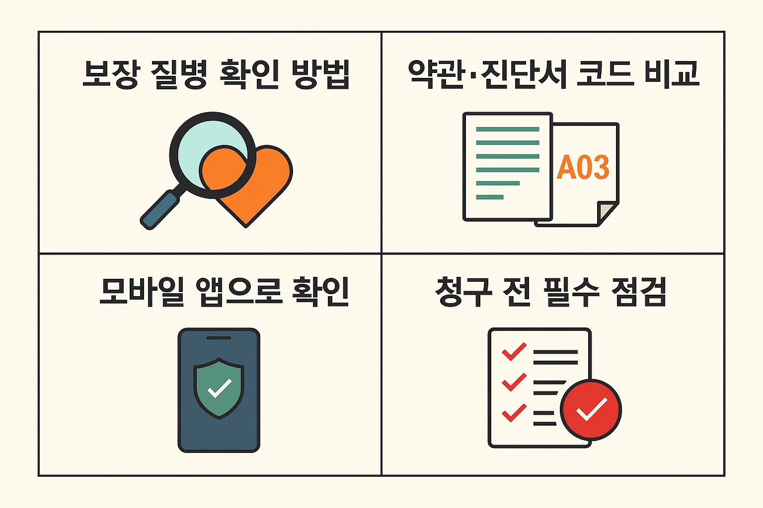 약관, 진단서 코드 비교, 모바일 앱 확인 등 실손보험 청구 전 반드시 확인해야 할 절차를 정리한 인포그래픽입니다.